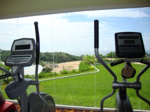 wall of windows for a gym view....who needs a flat screen?